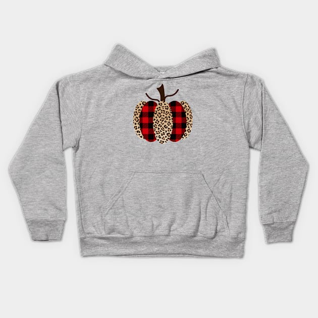 Fall Pumpkin with Red and Black Plaid and Leopard Print Kids Hoodie by Unified by Design